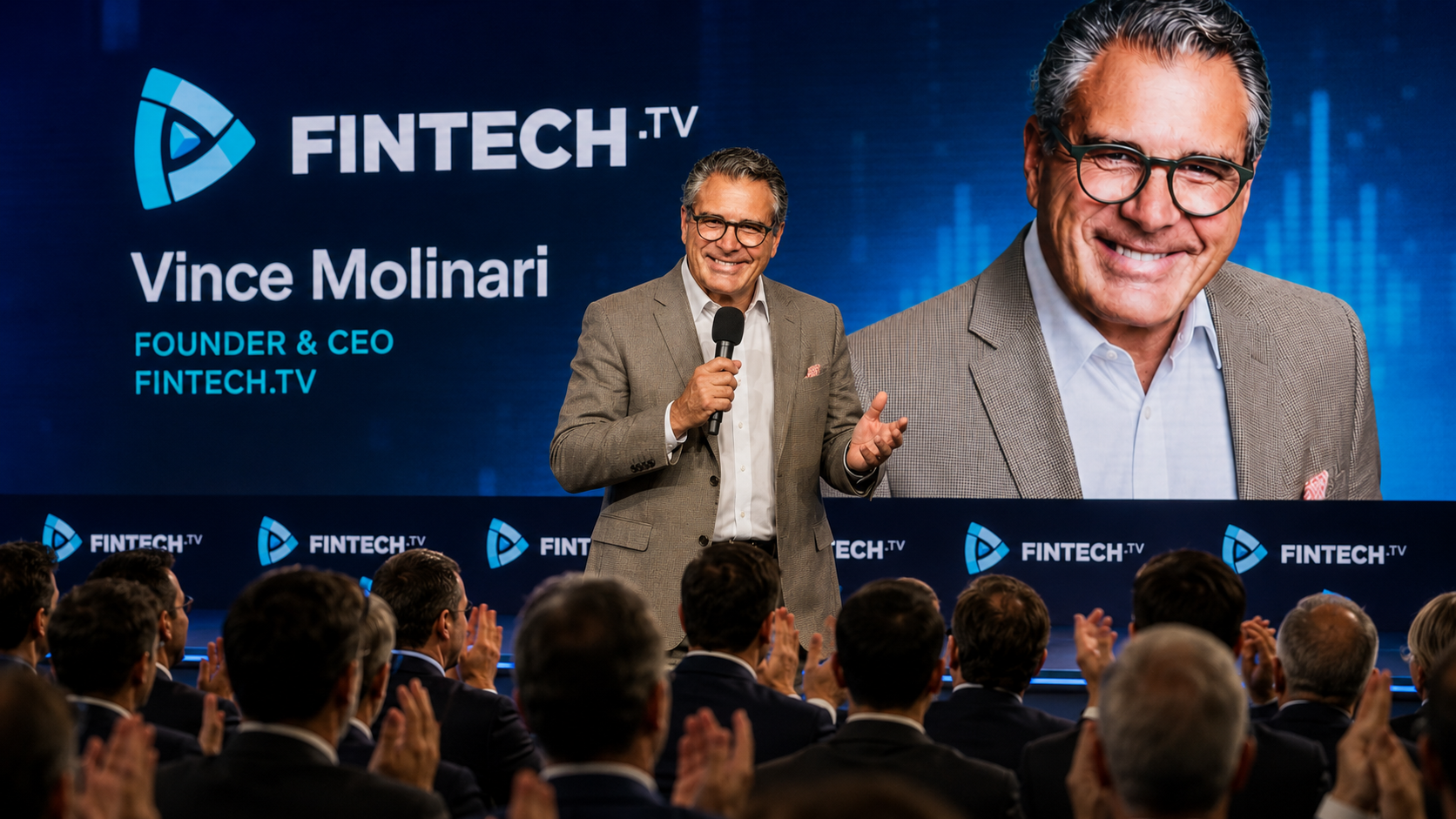 Vince Molinari speaking on stage at a FINTECH.TV broadcast event